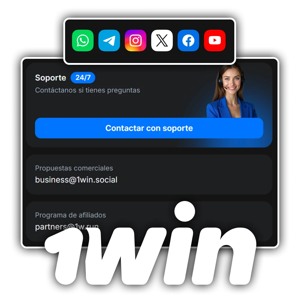 Comunícate con el equipo oficial mediante los canales de contacto en 1win.