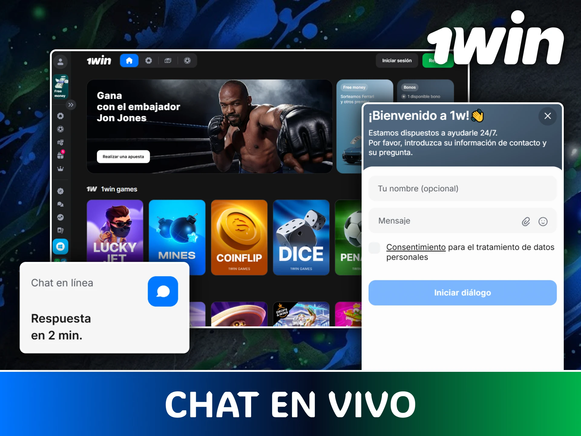 Escribe al chat en directo para atención inmediata a través de contactos en 1win.
