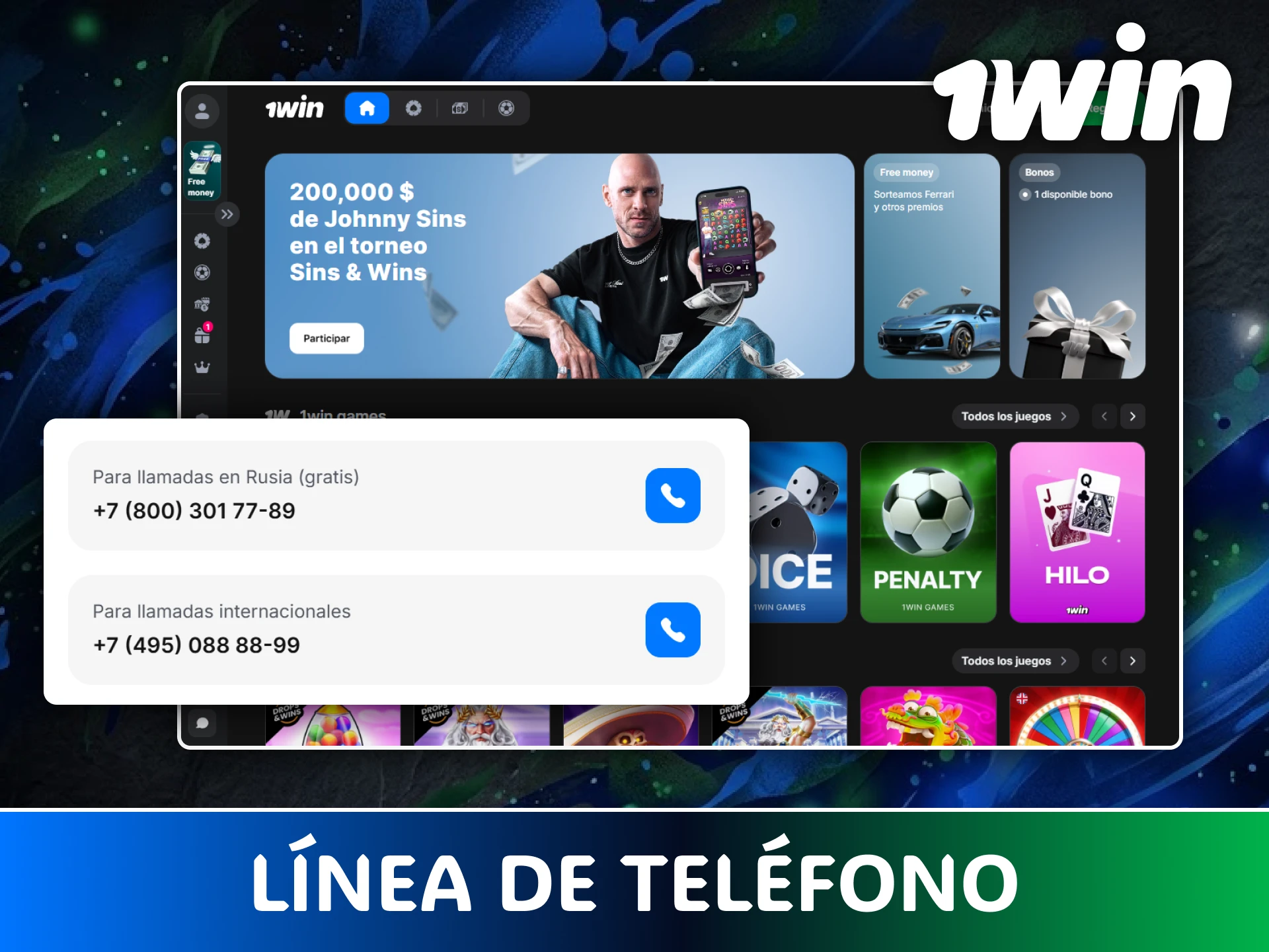 Llama al número de asistencia para resolver dudas mediante los contactos en 1win.