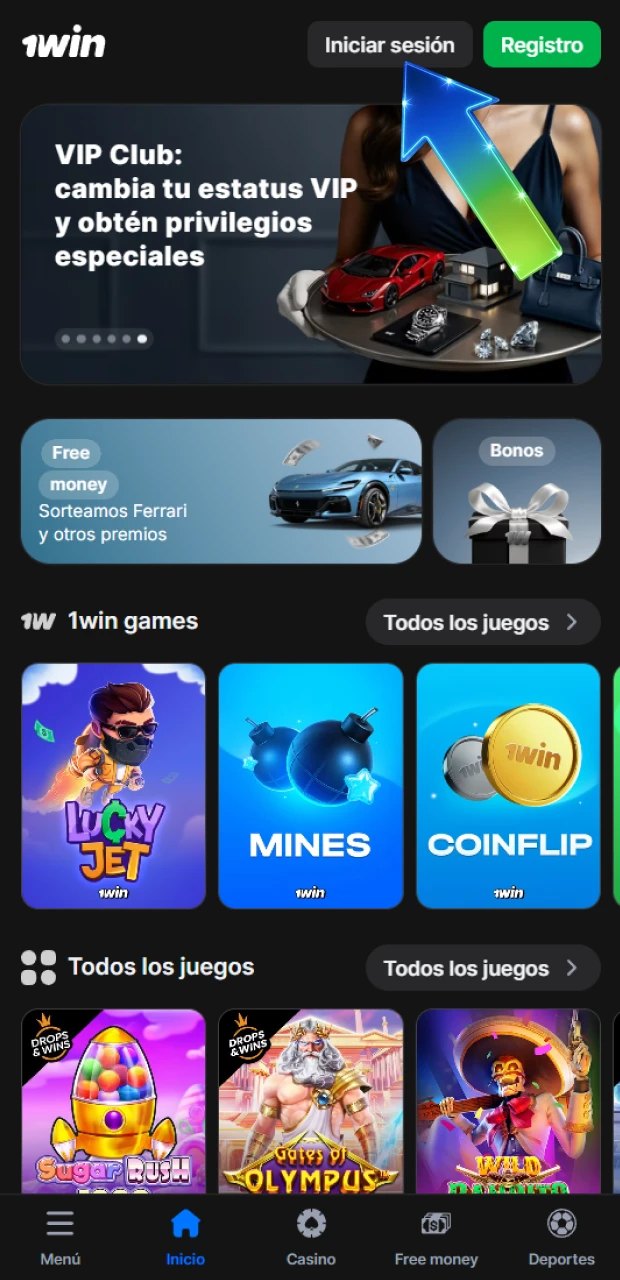 Presiona el botón de acceso para iniciar sesión en 1win.