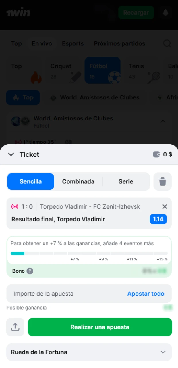 Configura el monto y el mercado deseado para tus apuestas de deporte en 1win.