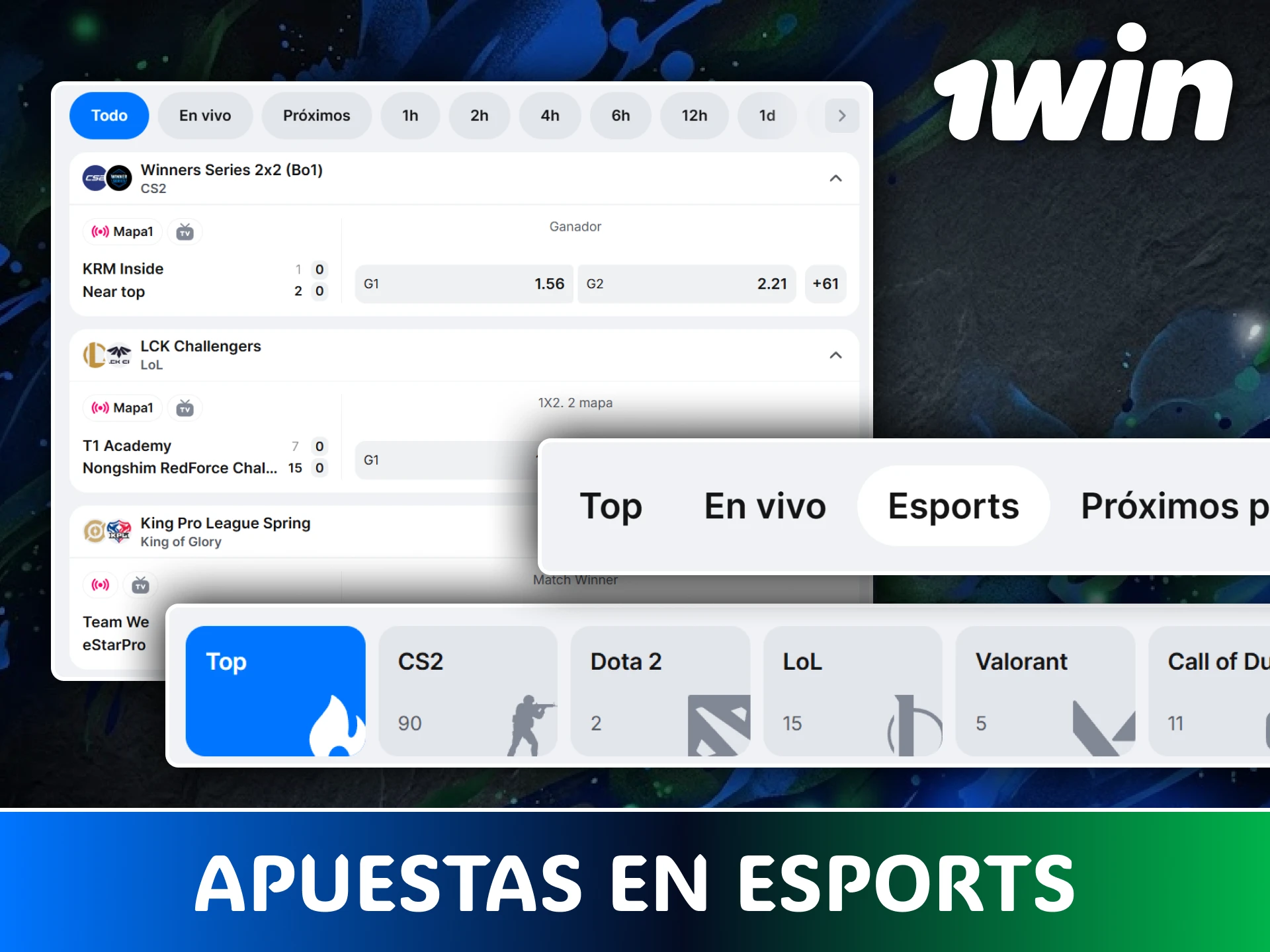 Apuesta a los mejores torneos de eSports con cuotas altas en 1win.