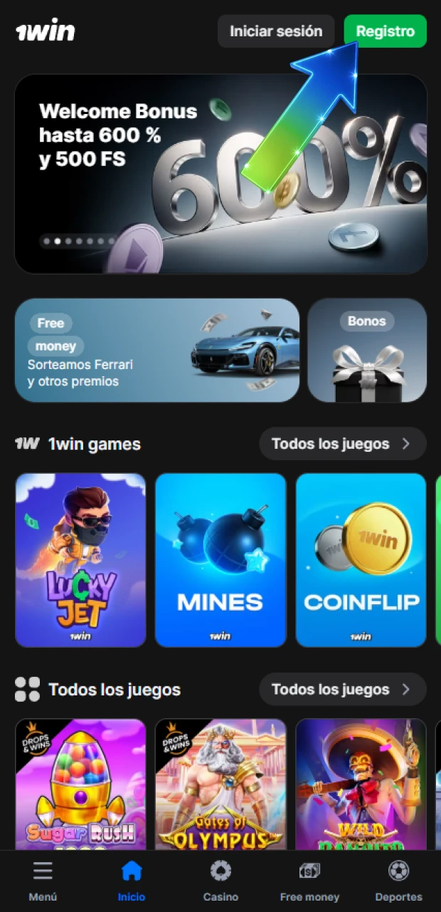 Presiona el botón verde para iniciar el proceso de registro en 1win.