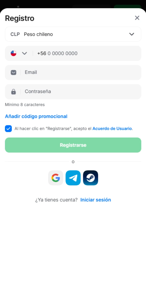 Elige el método de creación de cuenta que prefieras para tu registro en 1win.